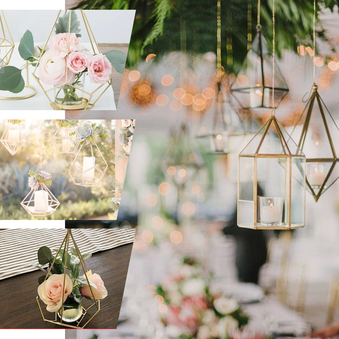 HIER_4330 16" Gold Geometric Candle Holder Set | Linked Metal Geometric Centerpieces With Votive Glass Holders 5 HIER_4330 16" Gold Geometric Candle Holder Set | Linked Metal Geometric Centerpieces With Votive Glass Holders