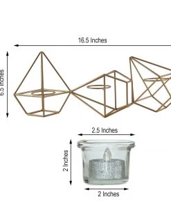 HIER_4330 16" Gold Geometric Candle Holder Set | Linked Metal Geometric Centerpieces With Votive Glass Holders 17 HIER_4330 16