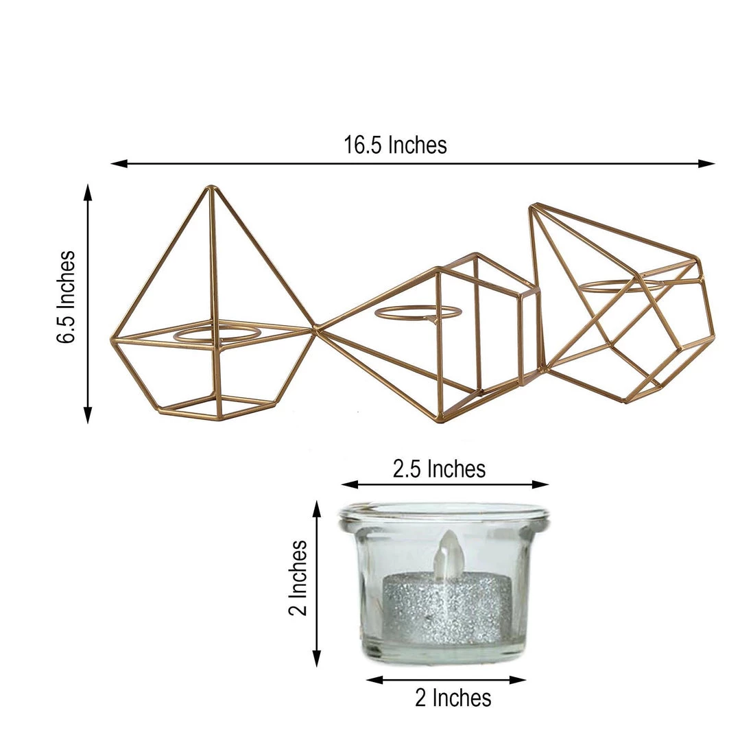 HIER_4330 16" Gold Geometric Candle Holder Set | Linked Metal Geometric Centerpieces With Votive Glass Holders 3 HIER_4330 16" Gold Geometric Candle Holder Set | Linked Metal Geometric Centerpieces With Votive Glass Holders