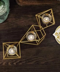HIER_4330 16" Gold Geometric Candle Holder Set | Linked Metal Geometric Centerpieces With Votive Glass Holders 20 HIER_4330 16