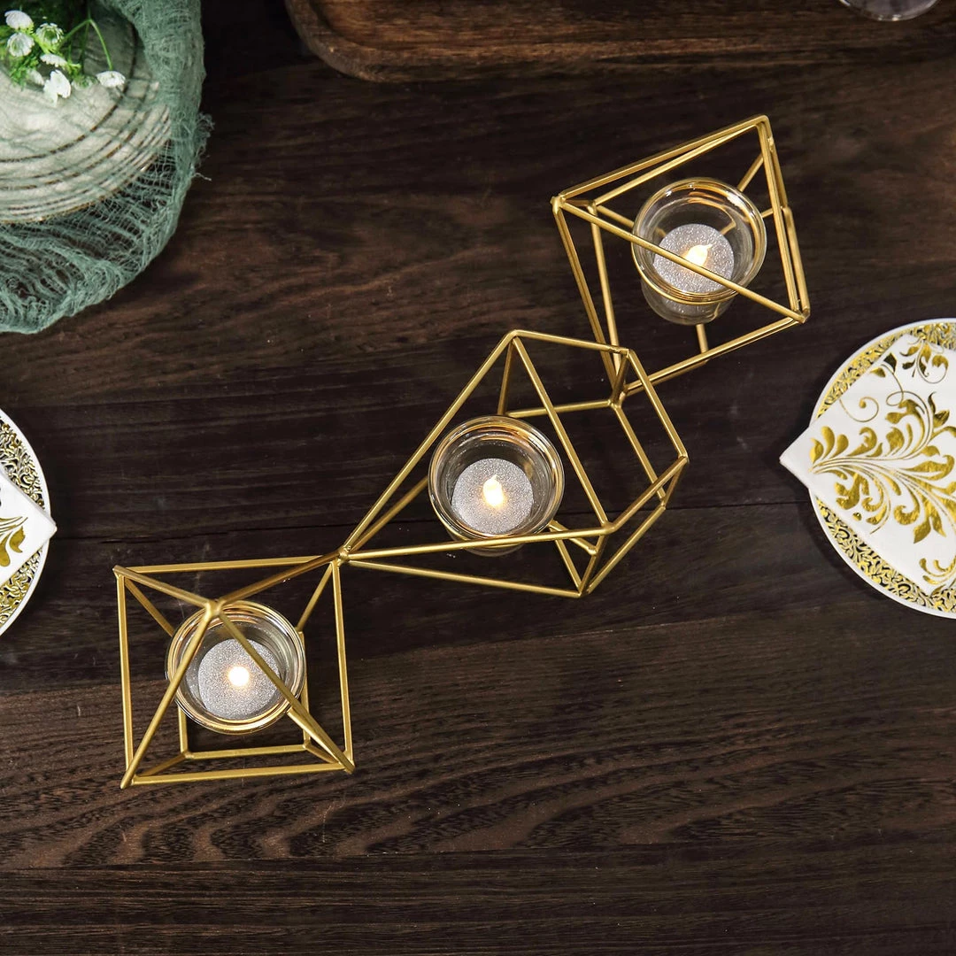 HIER_4330 16" Gold Geometric Candle Holder Set | Linked Metal Geometric Centerpieces With Votive Glass Holders 6 HIER_4330 16" Gold Geometric Candle Holder Set | Linked Metal Geometric Centerpieces With Votive Glass Holders