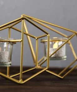 HIER_4330 16" Gold Geometric Candle Holder Set | Linked Metal Geometric Centerpieces With Votive Glass Holders 22 HIER_4330 16