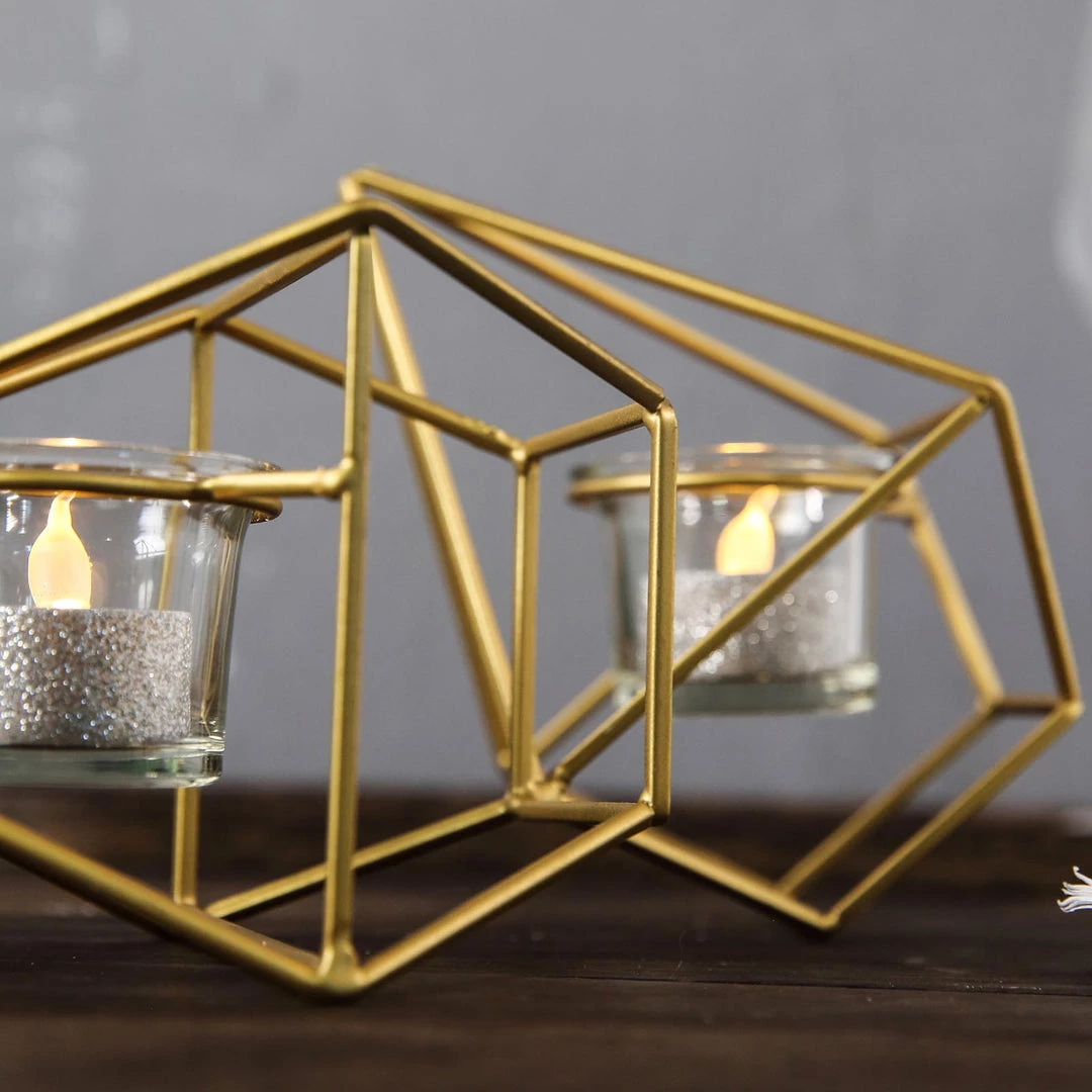 HIER_4330 16" Gold Geometric Candle Holder Set | Linked Metal Geometric Centerpieces With Votive Glass Holders 8 HIER_4330 16" Gold Geometric Candle Holder Set | Linked Metal Geometric Centerpieces With Votive Glass Holders