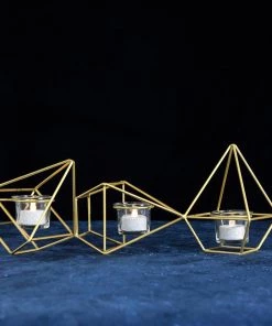 HIER_4330 16" Gold Geometric Candle Holder Set | Linked Metal Geometric Centerpieces With Votive Glass Holders 23 HIER_4330 16
