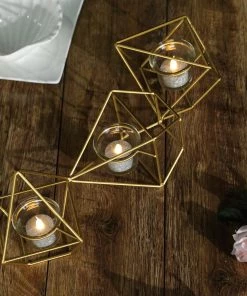 HIER_4330 16" Gold Geometric Candle Holder Set | Linked Metal Geometric Centerpieces With Votive Glass Holders 25 HIER_4330 16