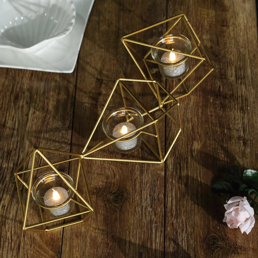 HIER_4330 16" Gold Geometric Candle Holder Set | Linked Metal Geometric Centerpieces With Votive Glass Holders 11 HIER_4330 16" Gold Geometric Candle Holder Set | Linked Metal Geometric Centerpieces With Votive Glass Holders