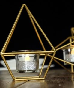 HIER_4330 16" Gold Geometric Candle Holder Set | Linked Metal Geometric Centerpieces With Votive Glass Holders 21 HIER_4330 16