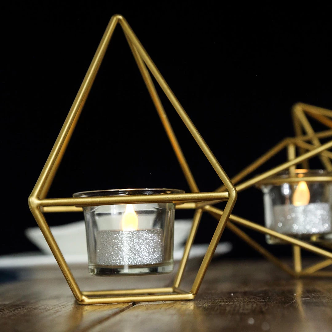 HIER_4330 16" Gold Geometric Candle Holder Set | Linked Metal Geometric Centerpieces With Votive Glass Holders 7 HIER_4330 16" Gold Geometric Candle Holder Set | Linked Metal Geometric Centerpieces With Votive Glass Holders