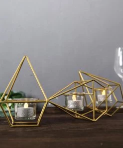 HIER_4330 16" Gold Geometric Candle Holder Set | Linked Metal Geometric Centerpieces With Votive Glass Holders 26 HIER_4330 16