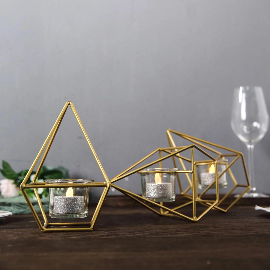 HIER_4330 16" Gold Geometric Candle Holder Set | Linked Metal Geometric Centerpieces With Votive Glass Holders 12 HIER_4330 16" Gold Geometric Candle Holder Set | Linked Metal Geometric Centerpieces With Votive Glass Holders