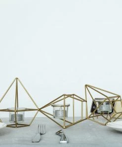 HIER_4330 16" Gold Geometric Candle Holder Set | Linked Metal Geometric Centerpieces With Votive Glass Holders 24 HIER_4330 16