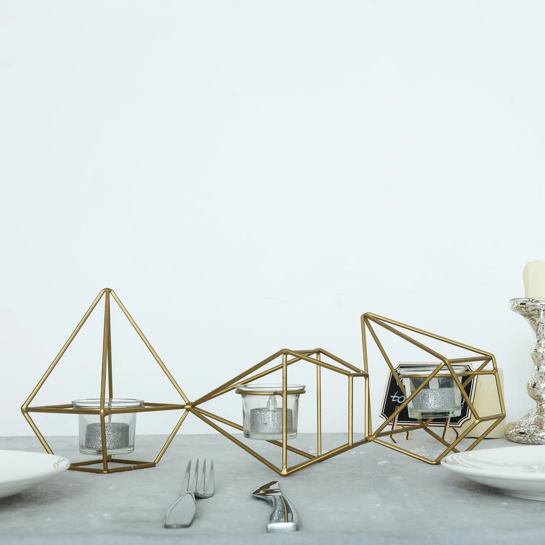 HIER_4330 16" Gold Geometric Candle Holder Set | Linked Metal Geometric Centerpieces With Votive Glass Holders 10 HIER_4330 16" Gold Geometric Candle Holder Set | Linked Metal Geometric Centerpieces With Votive Glass Holders