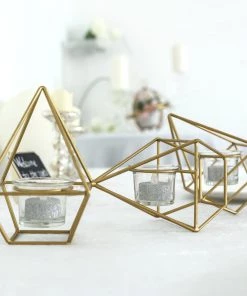 HIER_4330 16" Gold Geometric Candle Holder Set | Linked Metal Geometric Centerpieces With Votive Glass Holders