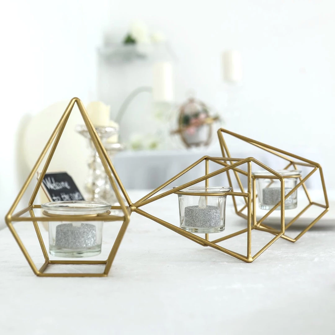 HIER_4330 16" Gold Geometric Candle Holder Set | Linked Metal Geometric Centerpieces With Votive Glass Holders 1 HIER_4330 16" Gold Geometric Candle Holder Set | Linked Metal Geometric Centerpieces With Votive Glass Holders