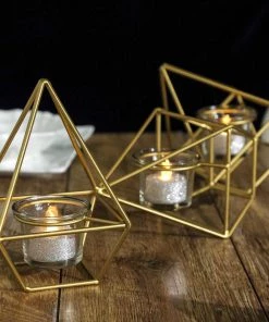 HIER_4330 16" Gold Geometric Candle Holder Set | Linked Metal Geometric Centerpieces With Votive Glass Holders