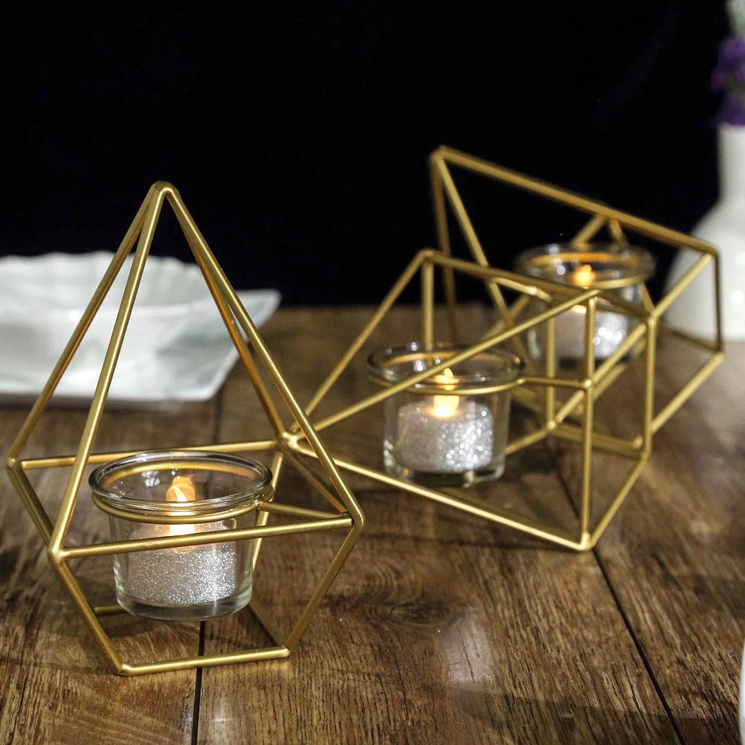 HIER_4330 16" Gold Geometric Candle Holder Set | Linked Metal Geometric Centerpieces With Votive Glass Holders 2 HIER_4330 16" Gold Geometric Candle Holder Set | Linked Metal Geometric Centerpieces With Votive Glass Holders