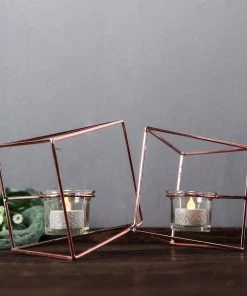HIER_4330 Chargers & Centerpieces 9" Rose Gold Geometric Candle Holder Set | Linked Metal Geometric Centerpieces With Votive Glass Holders