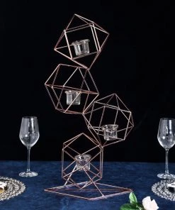 HIER_4330 25" Rose Gold Geometric Candle Holder Set | Linked Metal Geometric Centerpieces With Votive Glass Holders - Clearance SALE Chargers & Centerpieces