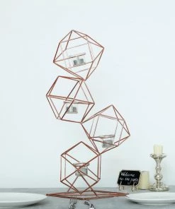 HIER_4330 25" Rose Gold Geometric Candle Holder Set | Linked Metal Geometric Centerpieces With Votive Glass Holders - Clearance SALE Chargers & Centerpieces