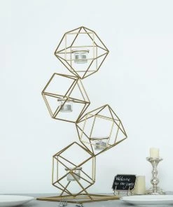 HIER_4330 Chargers & Centerpieces 25" Gold Geometric Candle Holder Set | Linked Metal Geometric Centerpieces With Votive Glass Holders