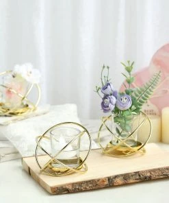 HIER_4330 Set Of 3 | 3" Gold Geometric Flower Vase Centerpiece | Votive Candle Holders With Glass Votives Chargers & Centerpieces 28 HIER_4330 Set Of 3 | 3