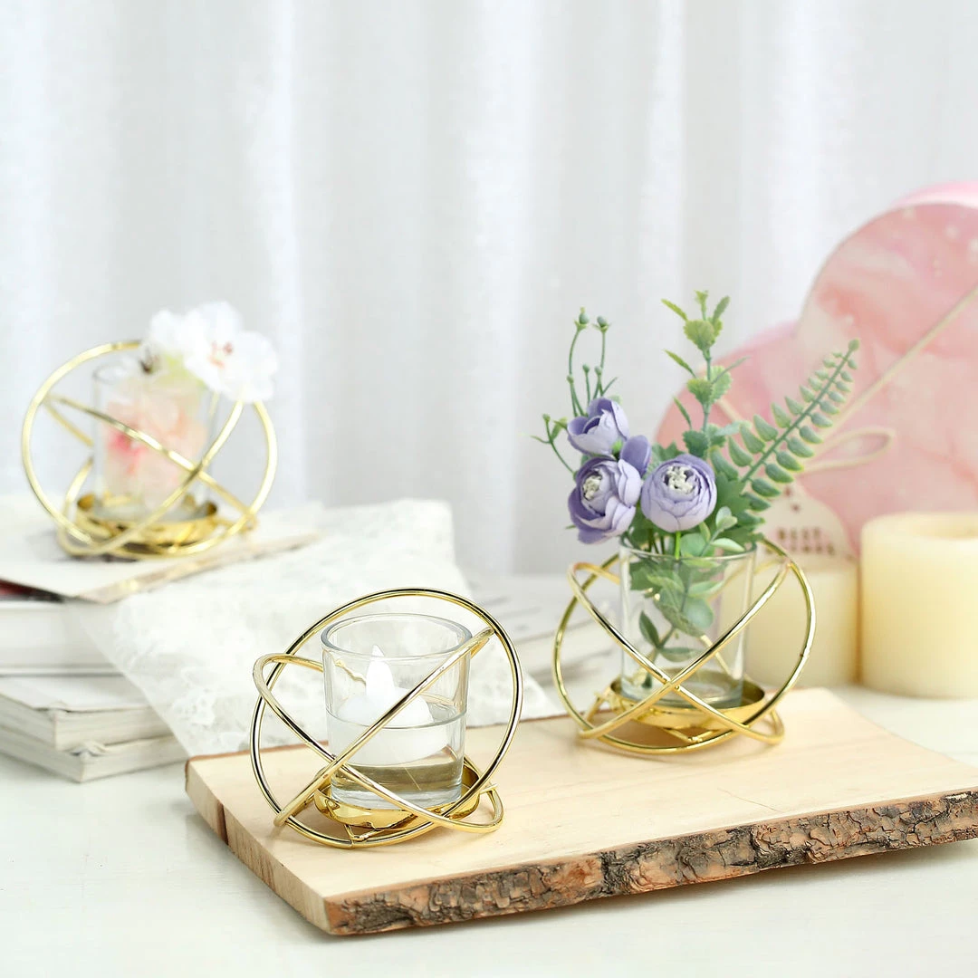 HIER_4330 Set Of 3 | 3" Gold Geometric Flower Vase Centerpiece | Votive Candle Holders With Glass Votives Chargers & Centerpieces 11 HIER_4330 Set Of 3 | 3" Gold Geometric Flower Vase Centerpiece | Votive Candle Holders With Glass Votives Chargers & Centerpieces