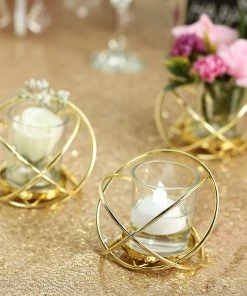 HIER_4330 Set Of 3 | 3" Gold Geometric Flower Vase Centerpiece | Votive Candle Holders With Glass Votives Chargers & Centerpieces 26 HIER_4330 Set Of 3 | 3