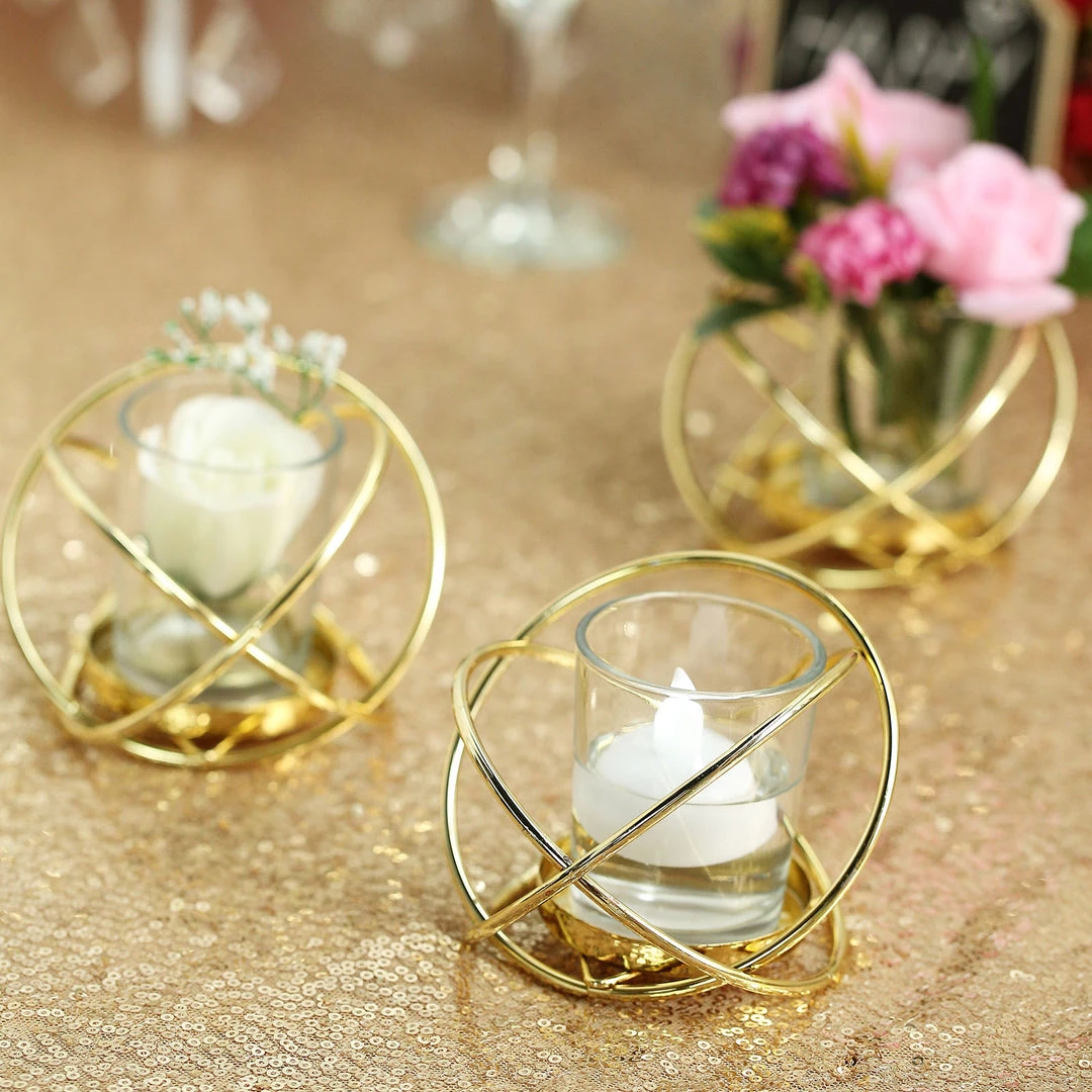HIER_4330 Set Of 3 | 3" Gold Geometric Flower Vase Centerpiece | Votive Candle Holders With Glass Votives Chargers & Centerpieces 9 HIER_4330 Set Of 3 | 3" Gold Geometric Flower Vase Centerpiece | Votive Candle Holders With Glass Votives Chargers & Centerpieces