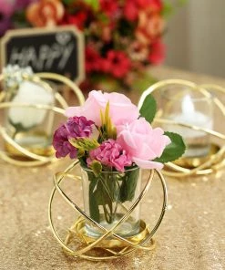 HIER_4330 Set Of 3 | 3" Gold Geometric Flower Vase Centerpiece | Votive Candle Holders With Glass Votives Chargers & Centerpieces 24 HIER_4330 Set Of 3 | 3