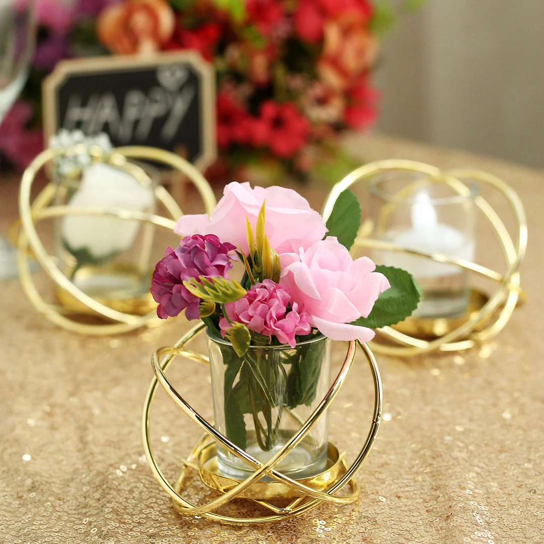 HIER_4330 Set Of 3 | 3" Gold Geometric Flower Vase Centerpiece | Votive Candle Holders With Glass Votives Chargers & Centerpieces 7 HIER_4330 Set Of 3 | 3" Gold Geometric Flower Vase Centerpiece | Votive Candle Holders With Glass Votives Chargers & Centerpieces