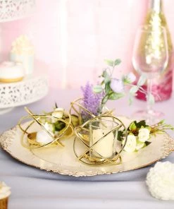 HIER_4330 Set Of 3 | 3" Gold Geometric Flower Vase Centerpiece | Votive Candle Holders With Glass Votives Chargers & Centerpieces 29 HIER_4330 Set Of 3 | 3