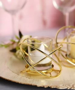 HIER_4330 Set Of 3 | 3" Gold Geometric Flower Vase Centerpiece | Votive Candle Holders With Glass Votives Chargers & Centerpieces 30 HIER_4330 Set Of 3 | 3