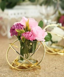 HIER_4330 Set Of 3 | 3" Gold Geometric Flower Vase Centerpiece | Votive Candle Holders With Glass Votives Chargers & Centerpieces 31 HIER_4330 Set Of 3 | 3