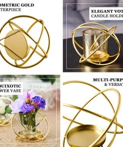 HIER_4330 Set Of 3 | 3" Gold Geometric Flower Vase Centerpiece | Votive Candle Holders With Glass Votives Chargers & Centerpieces 21 HIER_4330 Set Of 3 | 3