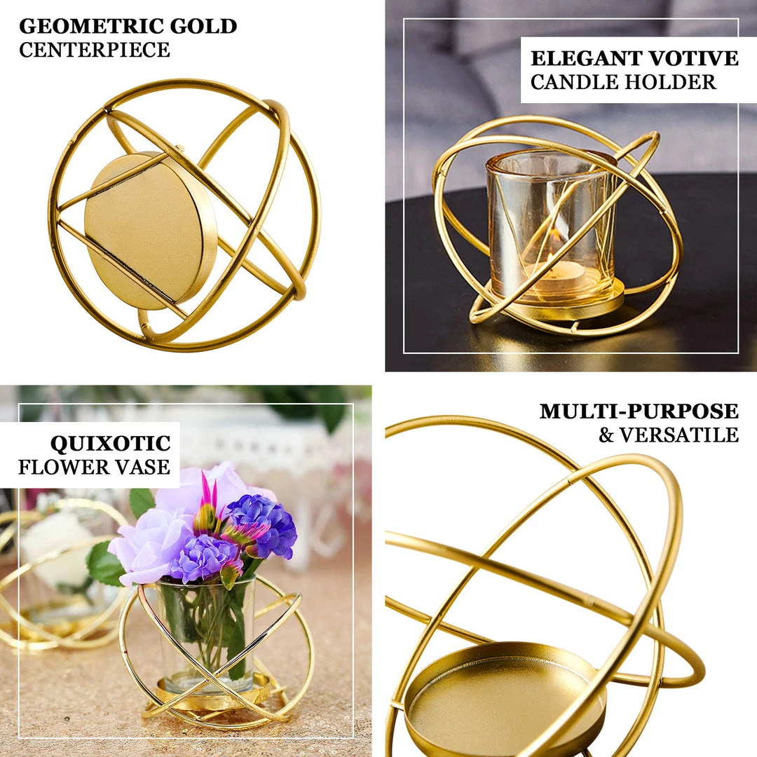 HIER_4330 Set Of 3 | 3" Gold Geometric Flower Vase Centerpiece | Votive Candle Holders With Glass Votives Chargers & Centerpieces 4 HIER_4330 Set Of 3 | 3" Gold Geometric Flower Vase Centerpiece | Votive Candle Holders With Glass Votives Chargers & Centerpieces