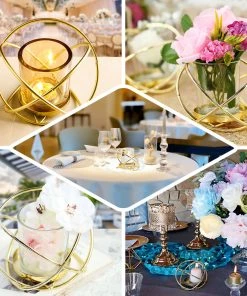 HIER_4330 Set Of 3 | 3" Gold Geometric Flower Vase Centerpiece | Votive Candle Holders With Glass Votives Chargers & Centerpieces 22 HIER_4330 Set Of 3 | 3