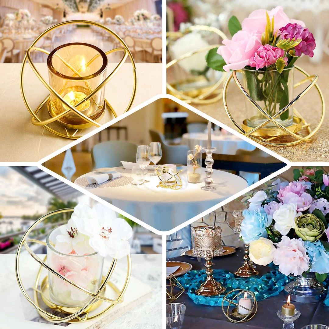 HIER_4330 Set Of 3 | 3" Gold Geometric Flower Vase Centerpiece | Votive Candle Holders With Glass Votives Chargers & Centerpieces 5 HIER_4330 Set Of 3 | 3" Gold Geometric Flower Vase Centerpiece | Votive Candle Holders With Glass Votives Chargers & Centerpieces