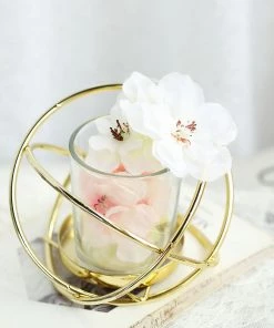 HIER_4330 Set Of 3 | 3" Gold Geometric Flower Vase Centerpiece | Votive Candle Holders With Glass Votives Chargers & Centerpieces