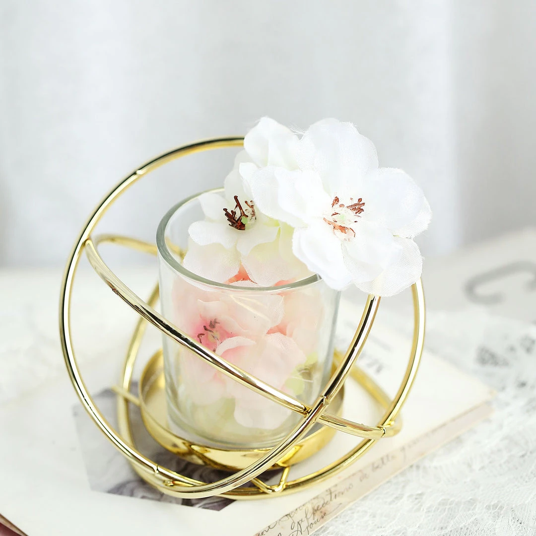 HIER_4330 Set Of 3 | 3" Gold Geometric Flower Vase Centerpiece | Votive Candle Holders With Glass Votives Chargers & Centerpieces 1 HIER_4330 Set Of 3 | 3" Gold Geometric Flower Vase Centerpiece | Votive Candle Holders With Glass Votives Chargers & Centerpieces