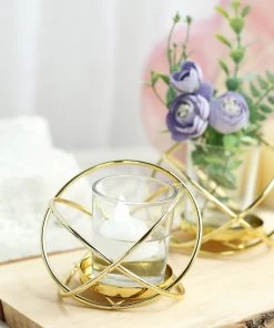 HIER_4330 Set Of 3 | 3" Gold Geometric Flower Vase Centerpiece | Votive Candle Holders With Glass Votives Chargers & Centerpieces
