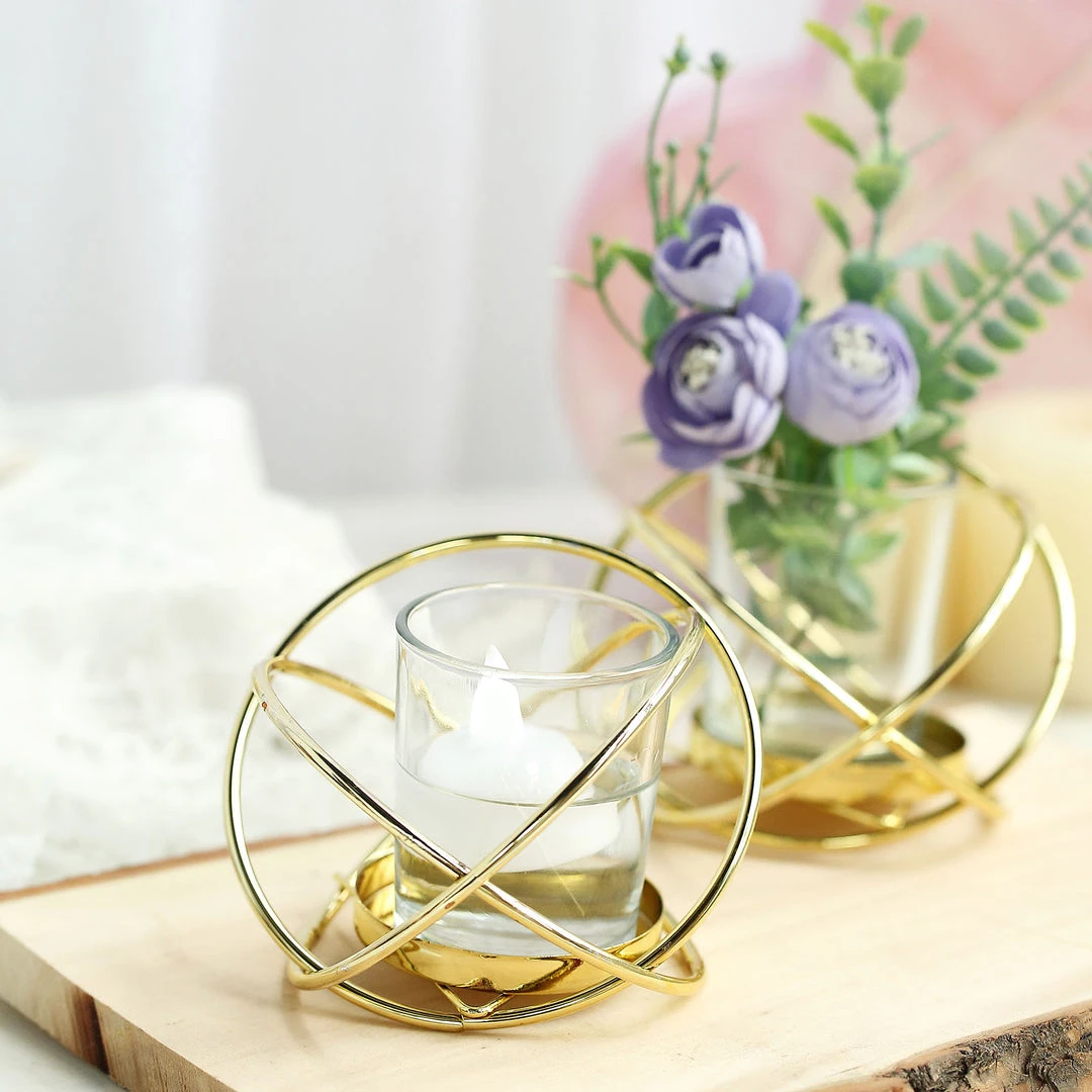 HIER_4330 Set Of 3 | 3" Gold Geometric Flower Vase Centerpiece | Votive Candle Holders With Glass Votives Chargers & Centerpieces 2 HIER_4330 Set Of 3 | 3" Gold Geometric Flower Vase Centerpiece | Votive Candle Holders With Glass Votives Chargers & Centerpieces