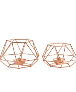HIER_4330 Set Of 2 | Rose Gold Tea Light Candle Holders | Hexagon Top Geometric Candle Holder Centerpiece - 4