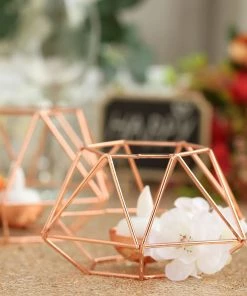 HIER_4330 Set Of 2 | Rose Gold Tea Light Candle Holders | Hexagon Top Geometric Candle Holder Centerpiece - 4
