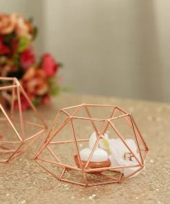 HIER_4330 Set Of 2 | Rose Gold Tea Light Candle Holders | Hexagon Top Geometric Candle Holder Centerpiece - 4