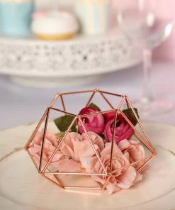 HIER_4330 Set Of 2 | Rose Gold Tea Light Candle Holders | Hexagon Top Geometric Candle Holder Centerpiece - 4