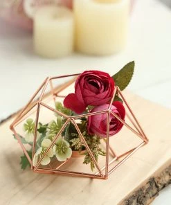 HIER_4330 Set Of 2 | Rose Gold Tea Light Candle Holders | Hexagon Top Geometric Candle Holder Centerpiece - 4