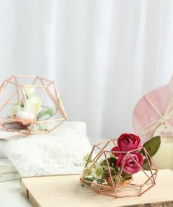 HIER_4330 Set Of 2 | Rose Gold Tea Light Candle Holders | Hexagon Top Geometric Candle Holder Centerpiece - 4"|3" Chargers & Centerpieces
