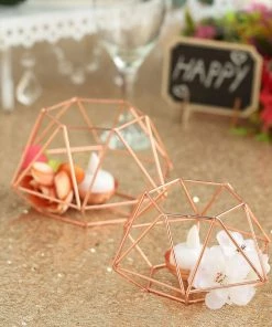HIER_4330 Set Of 2 | Rose Gold Tea Light Candle Holders | Hexagon Top Geometric Candle Holder Centerpiece - 4"|3" Chargers & Centerpieces