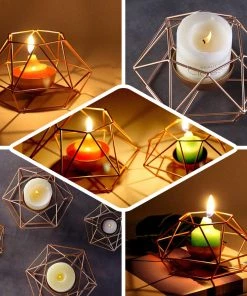 HIER_4330 Set Of 2 | Rose Gold Tea Light Candle Holders | Hexagon Top Geometric Candle Holder Centerpiece - 4