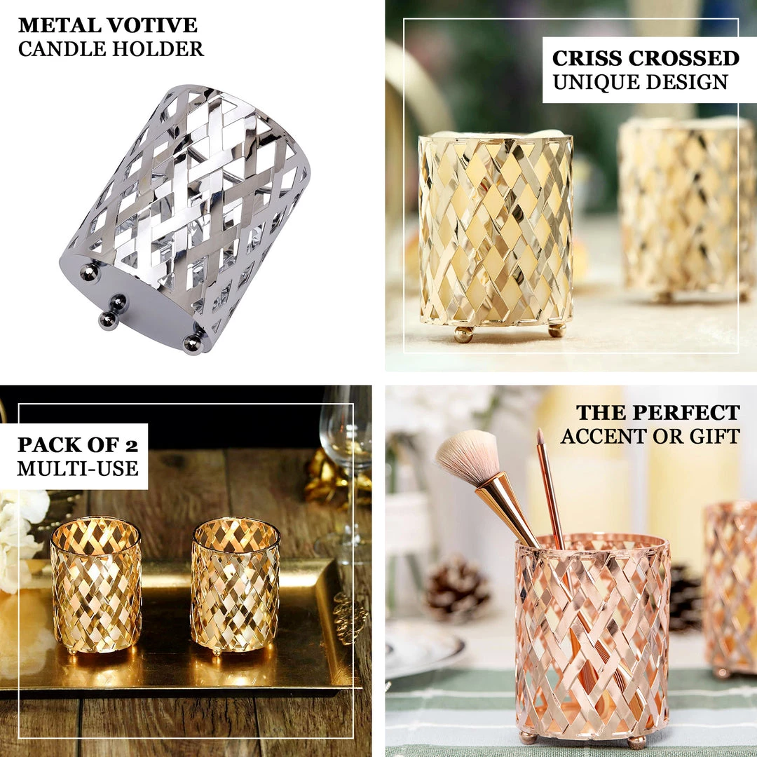 HIER_4310 2 Pack | 4" Metal Silver Candle Holder Set | Criss Cross Design Votive Holder | Wedding Table Centerpieces Chargers & Centerpieces 4 HIER_4310 2 Pack | 4" Metal Silver Candle Holder Set | Criss Cross Design Votive Holder | Wedding Table Centerpieces Chargers & Centerpieces